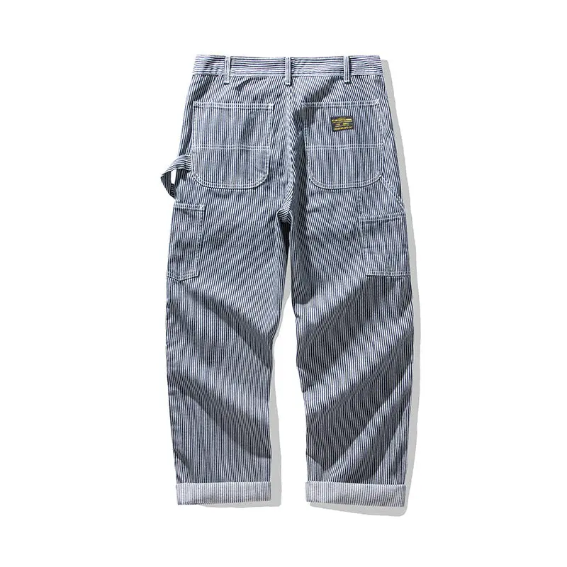 Men's Retro Casual Railway Worker Pocket Striped Cargo Outdoor Work Pants 1