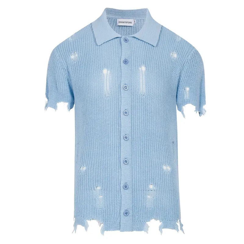 Men’S Retro Distressed Knit Shirt – Vintage Sky Blue Button-Up With Raw Edges 1