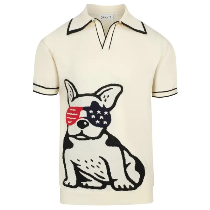 Men's Retro Knit Polo – Vintage Cream Button-Up With Bulldog Graphic 1