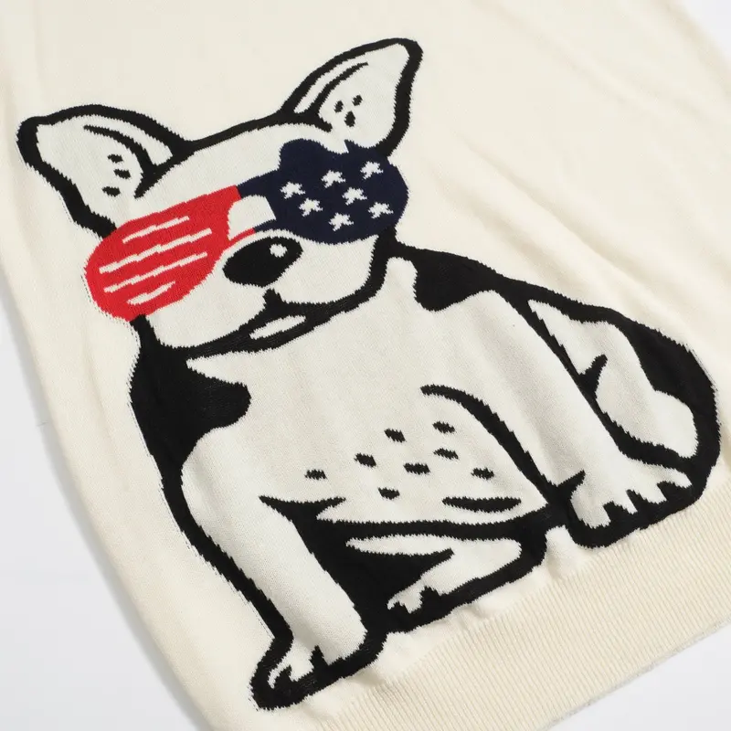 Men's Retro Knit Polo – Vintage Cream Button-Up With Bulldog Graphic 6