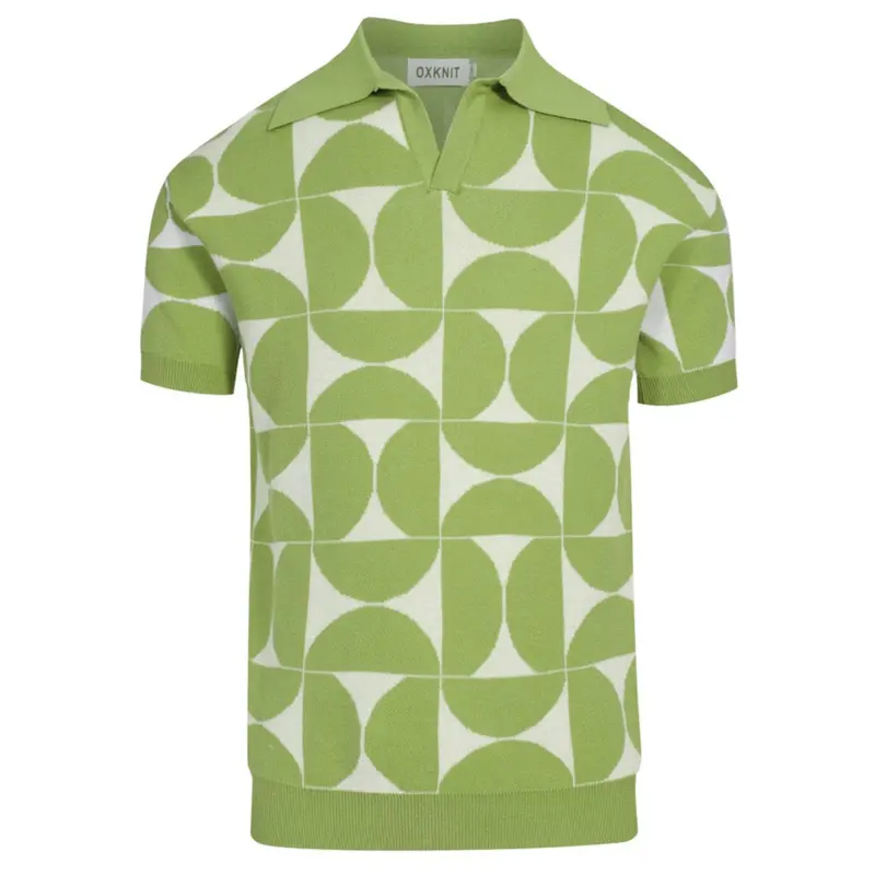 Men's Retro Knit Polo – Vintage Green Geometric Button-Up Shirt 1
