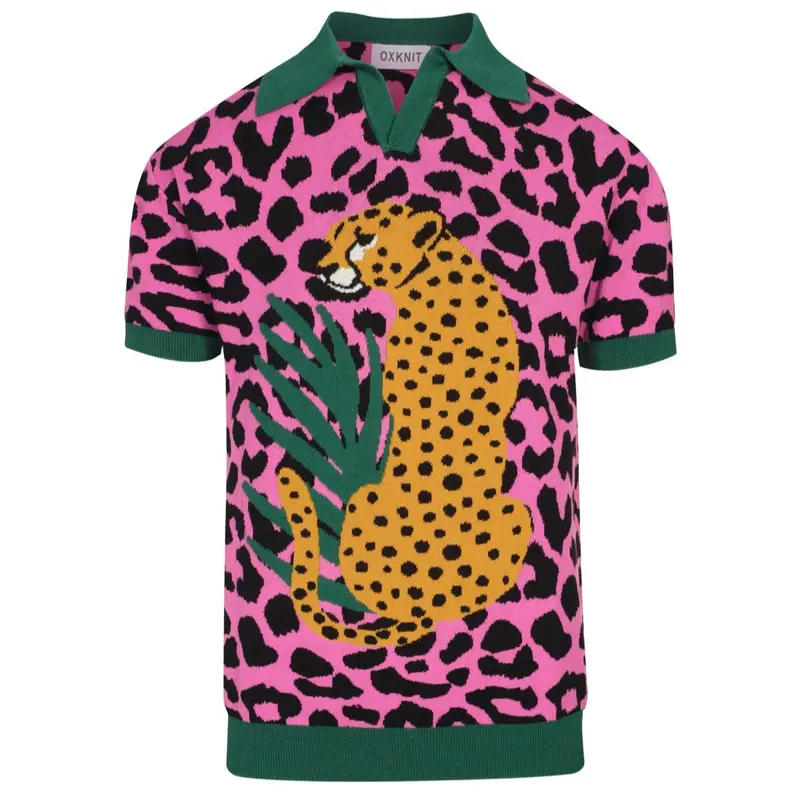 Men's Retro Knit Polo – Vintage Pink Leopard Print With Cheetah Graphic 1