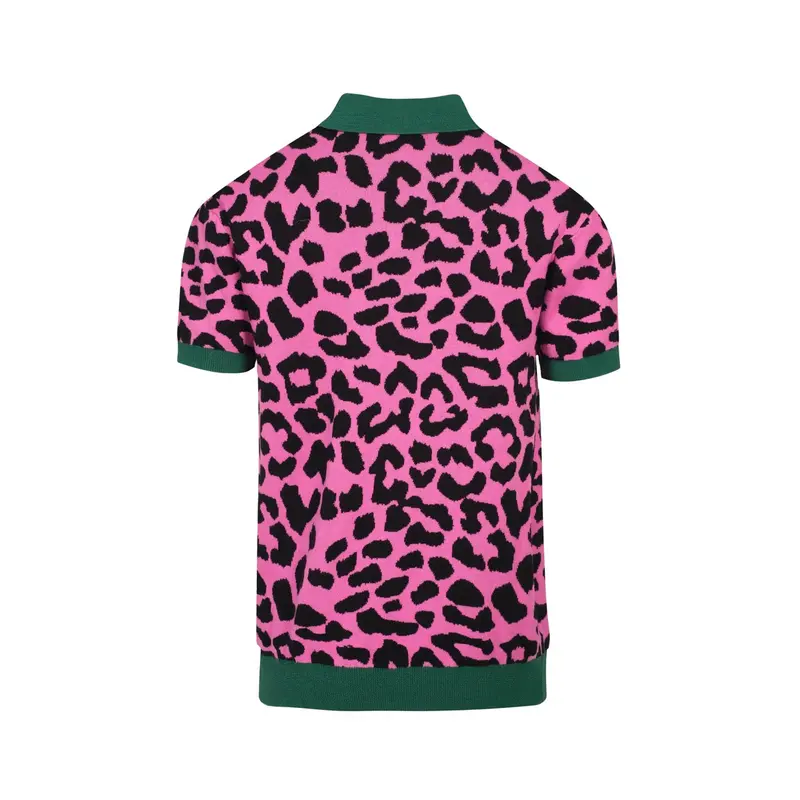 Men's Retro Knit Polo – Vintage Pink Leopard Print With Cheetah Graphic 3