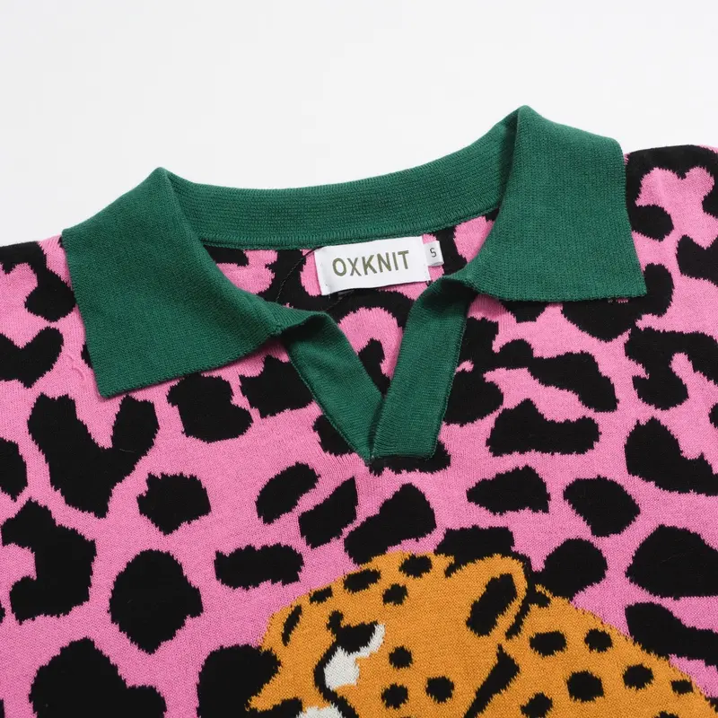 Men's Retro Knit Polo – Vintage Pink Leopard Print With Cheetah Graphic 4