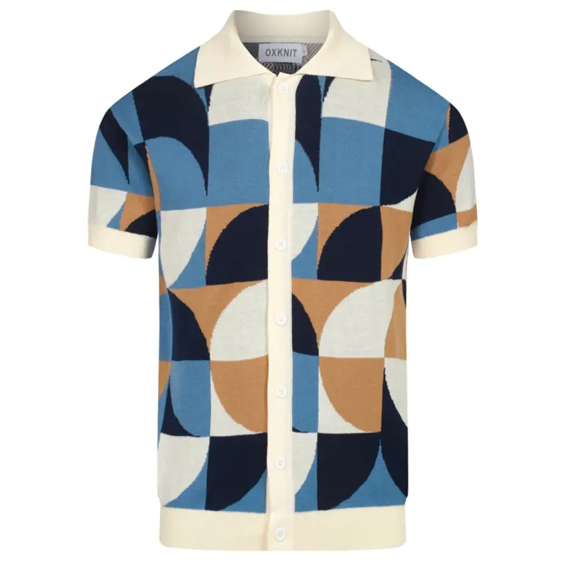 Men's Retro Knit Shirt – Vintage Blue Geometric Button-Up Polo 1