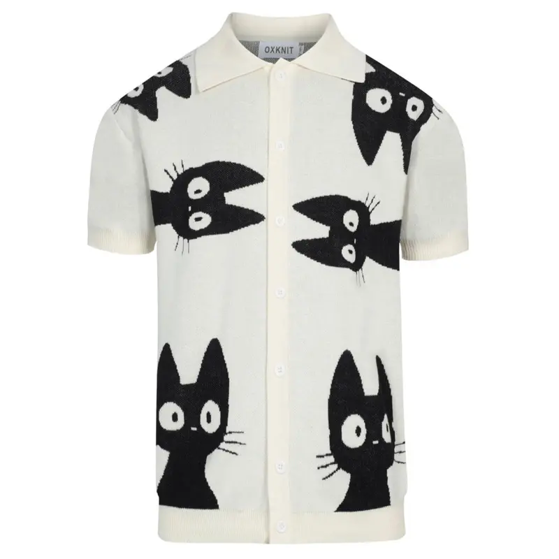 Men’S Retro Knit Shirt – Vintage Cream Button-Up With Black Cat Graphic 1