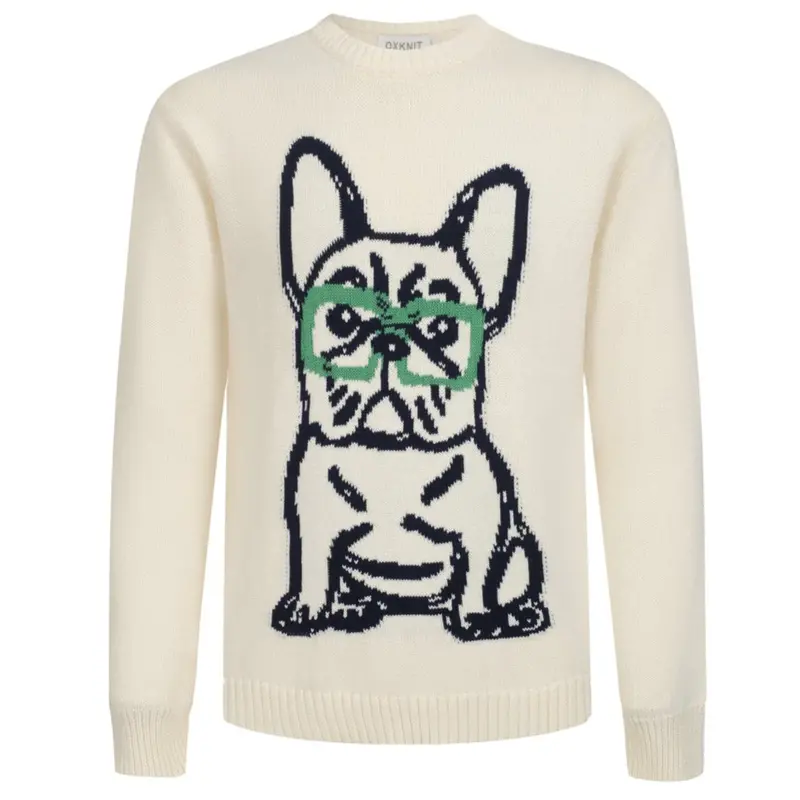 Men’S Retro Knit Sweater – Vintage Cream Pullover With French Bulldog & Glasses Graphic 1