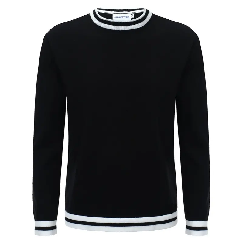 Men’S Retro Varsity Knit Sweater – Vintage Black With White Striped Trim 1