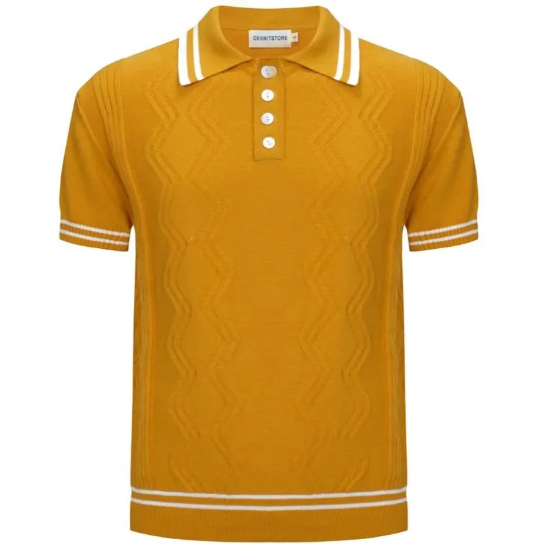 Men's Retro Yellow Textured Knit Polo – 60S Mod Short Sleeve Shirt 1