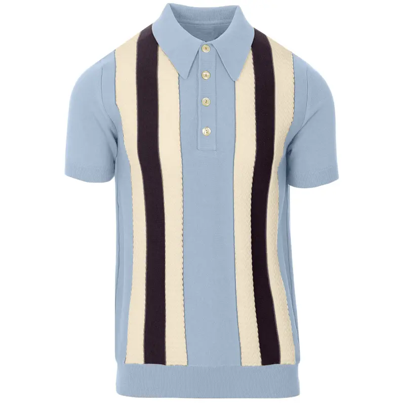 Men's Sky Blue Mod Stripe Knit Polo – 60S Vintage Short Sleeve Shirt 1