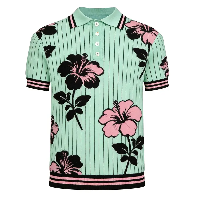Men's Teal Retro Striped Floral Art Jacquard Polo Knit Shirt 1