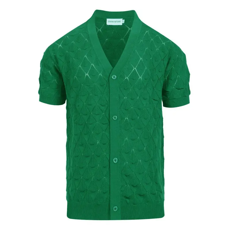 Men’S Vintage 1970S Knit Cardigan Shirt – Retro Emerald Green Openwork Short Sleeve 1