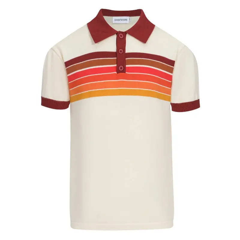 Men’S Vintage 1970S Knit Polo Shirt – Retro Cream With Sunset Stripe Design 1