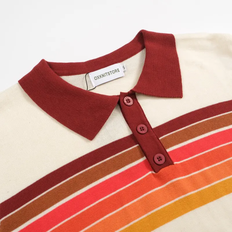 Men’S Vintage 1970S Knit Polo Shirt – Retro Cream With Sunset Stripe Design 4