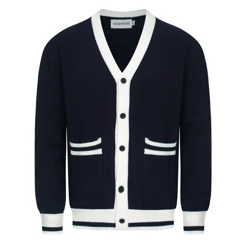 Men’S Vintage Navy Cardigan – Retro Contrast Trim Knit With Deep V-Neck 1