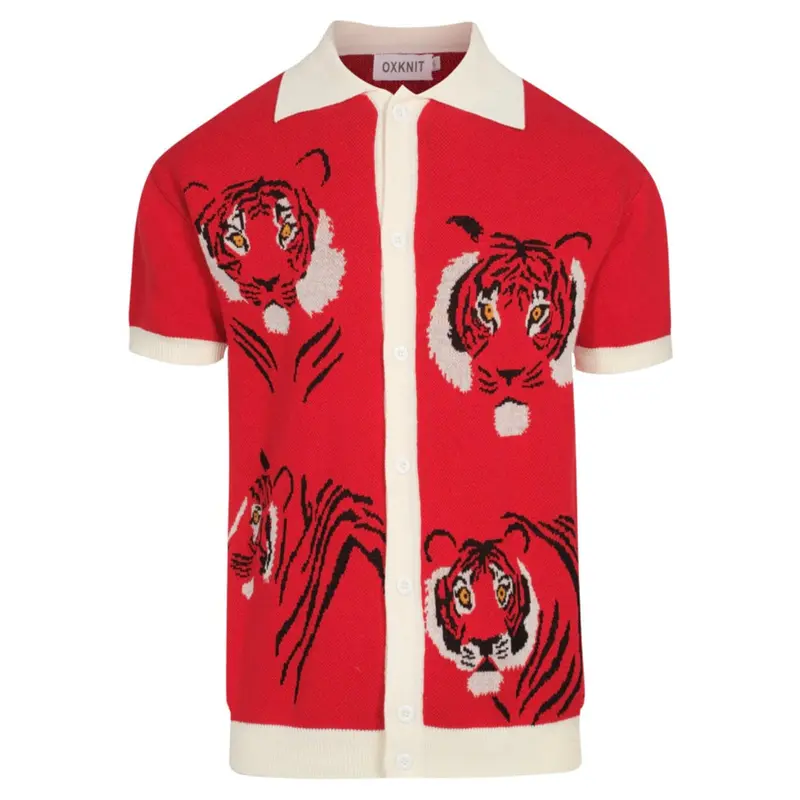 Men's Vintage Red Knit Shirt – Retro Tiger Graphic Button-Up Polo 1