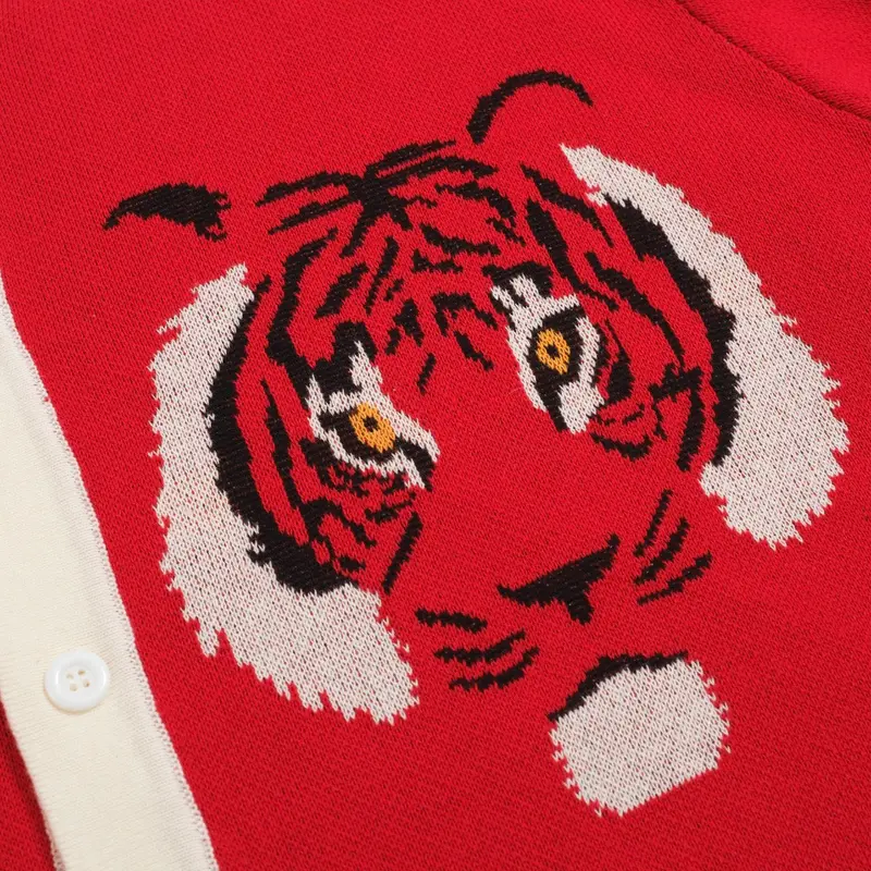 Men's Vintage Red Knit Shirt – Retro Tiger Graphic Button-Up Polo 2