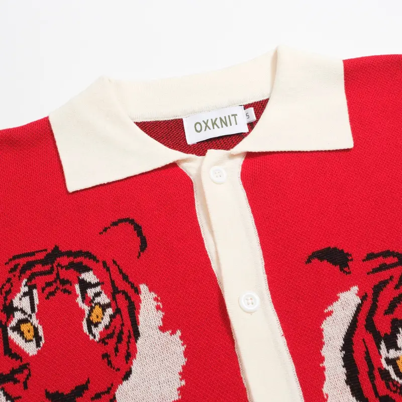 Men's Vintage Red Knit Shirt – Retro Tiger Graphic Button-Up Polo 4