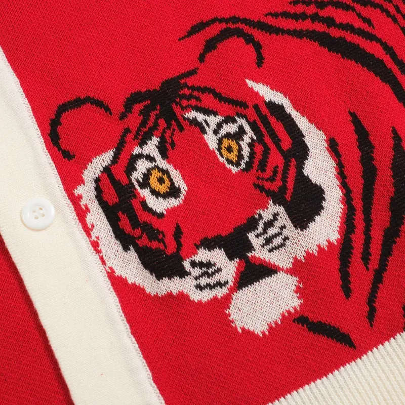 Men's Vintage Red Knit Shirt – Retro Tiger Graphic Button-Up Polo 7