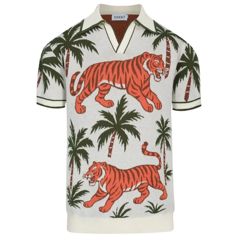 Men's White Apricot Animal Garden Jacquard V-Neck Polo Shirt 1