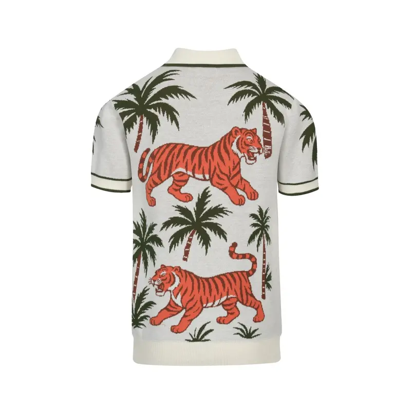 Men's White Apricot Animal Garden Jacquard V-Neck Polo Shirt 3