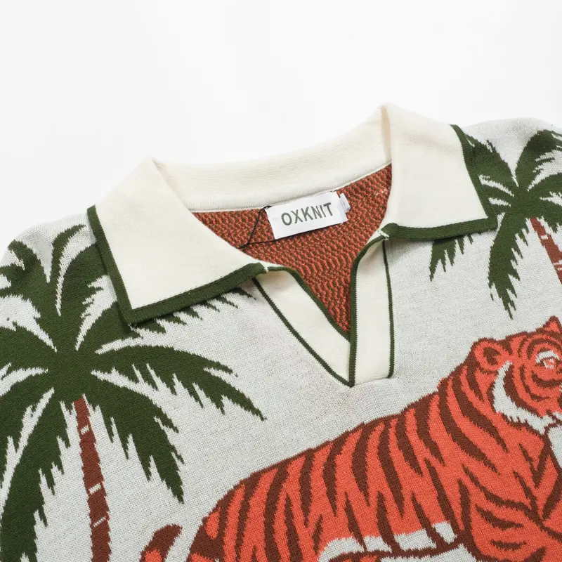 Men's White Apricot Animal Garden Jacquard V-Neck Polo Shirt 4