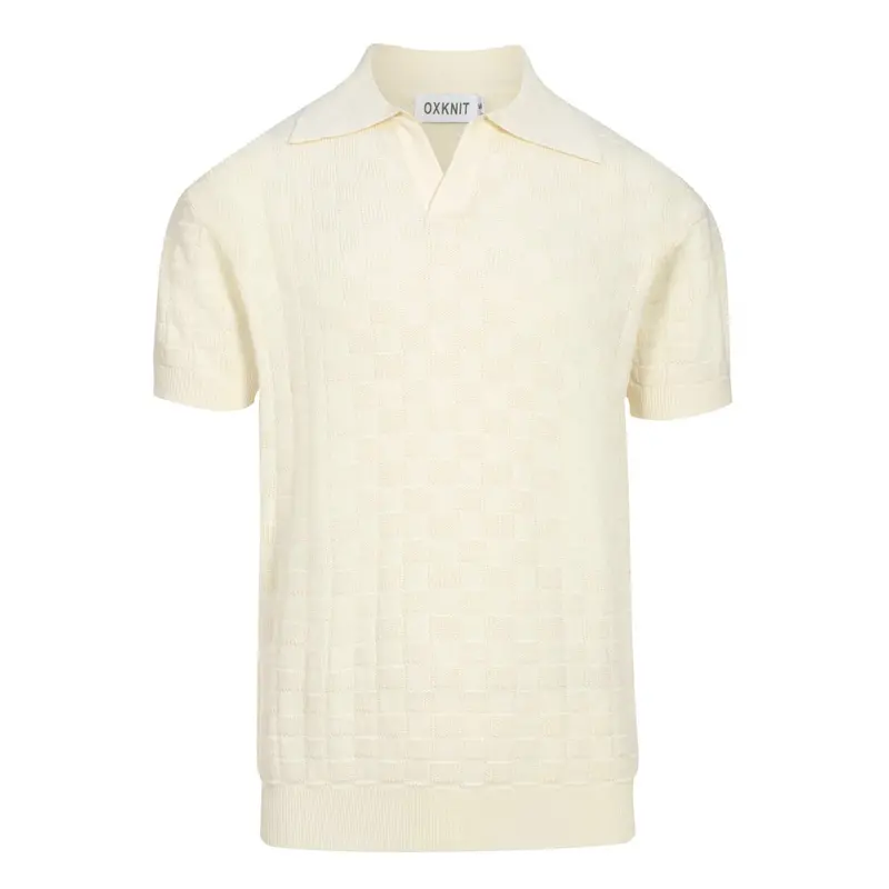 Men's White Apricot Retro Texture V-Neck Polo Shirt 1