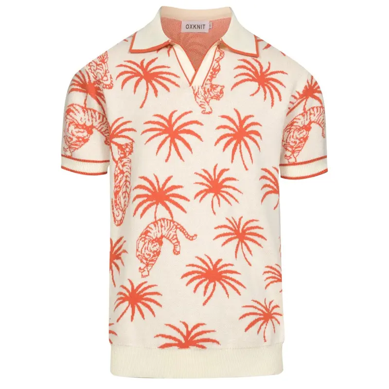 Men's White Coconut Tree Tiger Jacquard V-Neck Knitted Polo Shirt 1