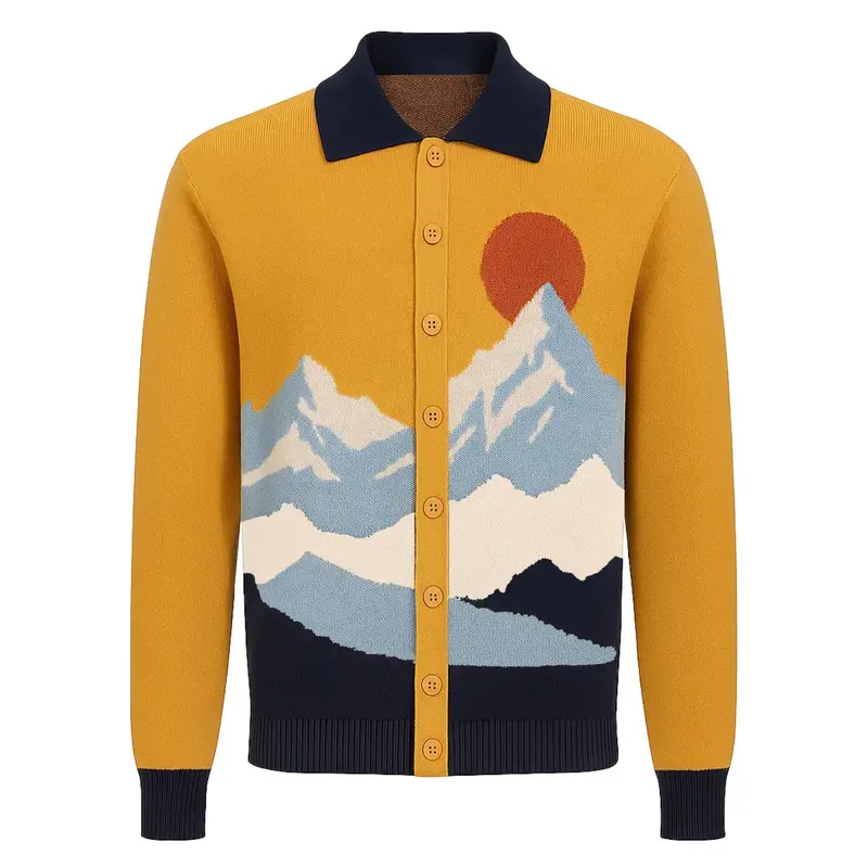 Men's Yellow Art Landscape Jacquard Cardigan 1