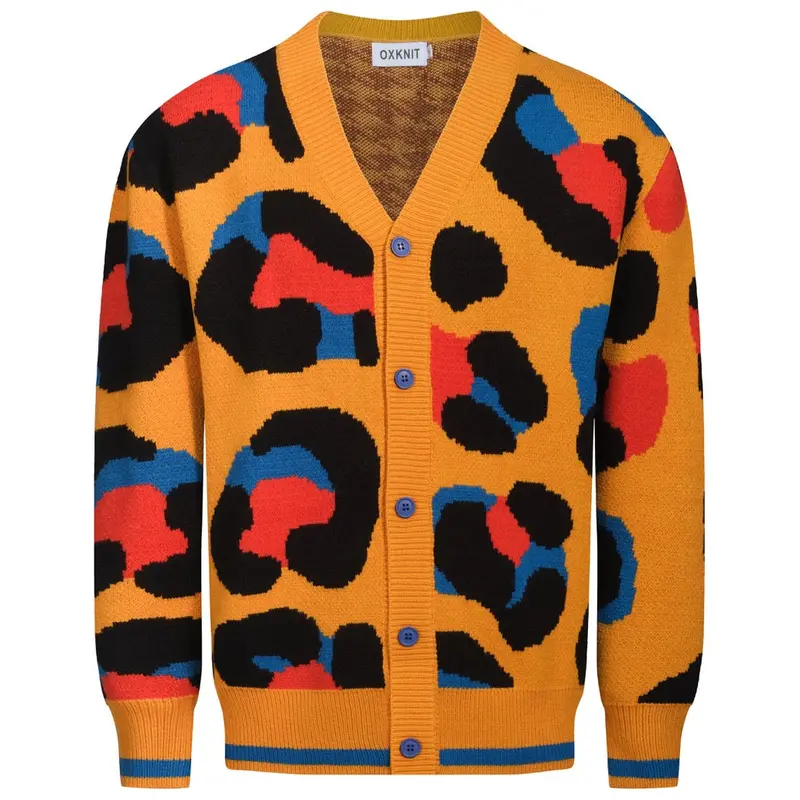 Men's Yellow Leopard Print Vintage Jacquard Sweater Jacket 1
