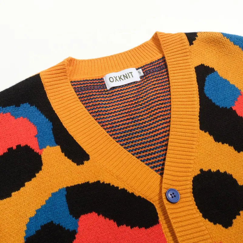 Men's Yellow Leopard Print Vintage Jacquard Sweater Jacket 4
