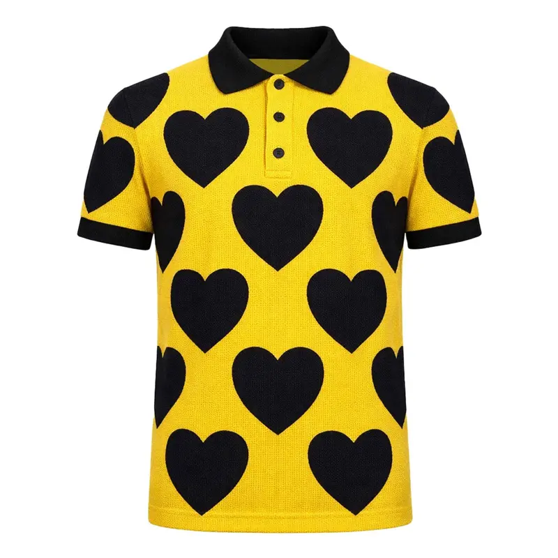 Men's Yellow Minimalist Artistic Heart Jacquard Polo Knit Shirt 1