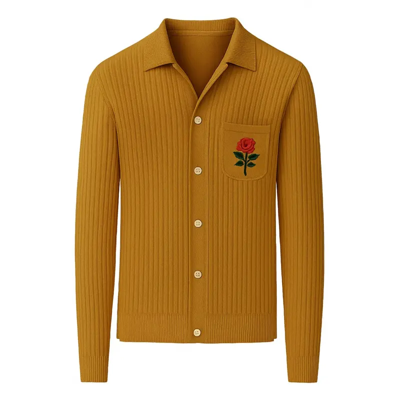 Men's Yellow Pit Stripe Pocket Embroidered Knit Cardigan 1