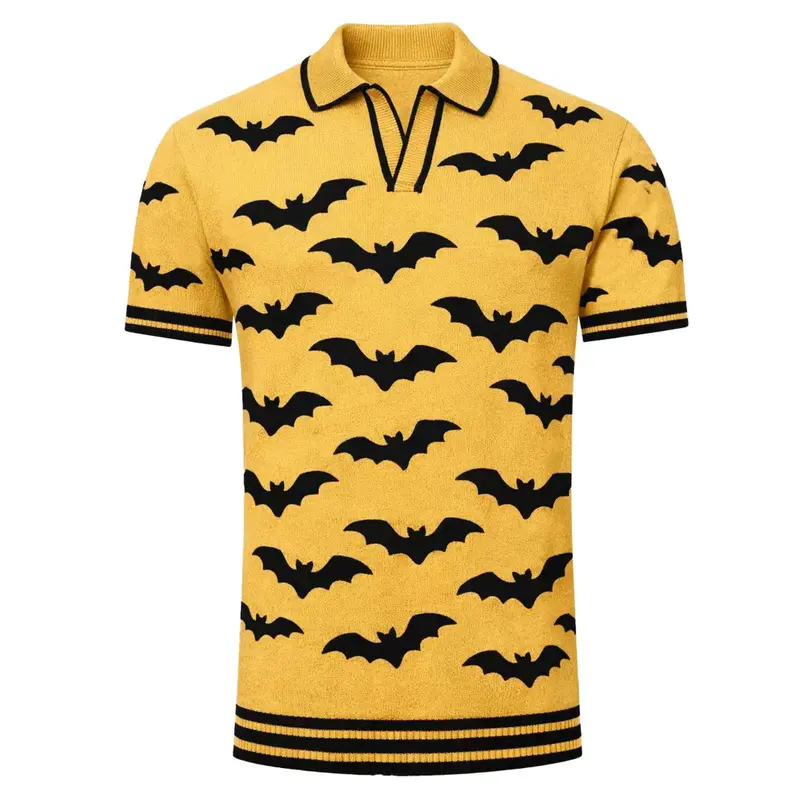 Men's Yellow Retro Minimalist Batwing Jacquard Polo Knit Shirt 1
