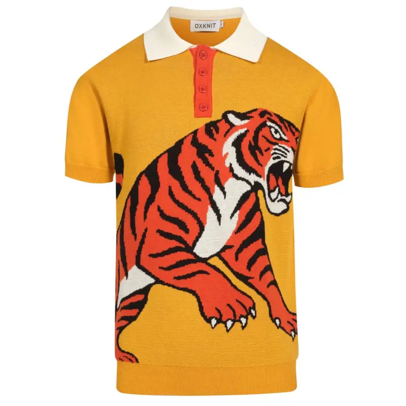 Men's Yellow Tiger Jacquard Vintage Knit Polo Shirt 1