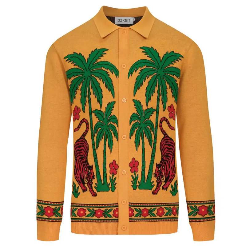 Men's Yellow Tiger Plant Jacquard Vintage Knit Cardigan 1