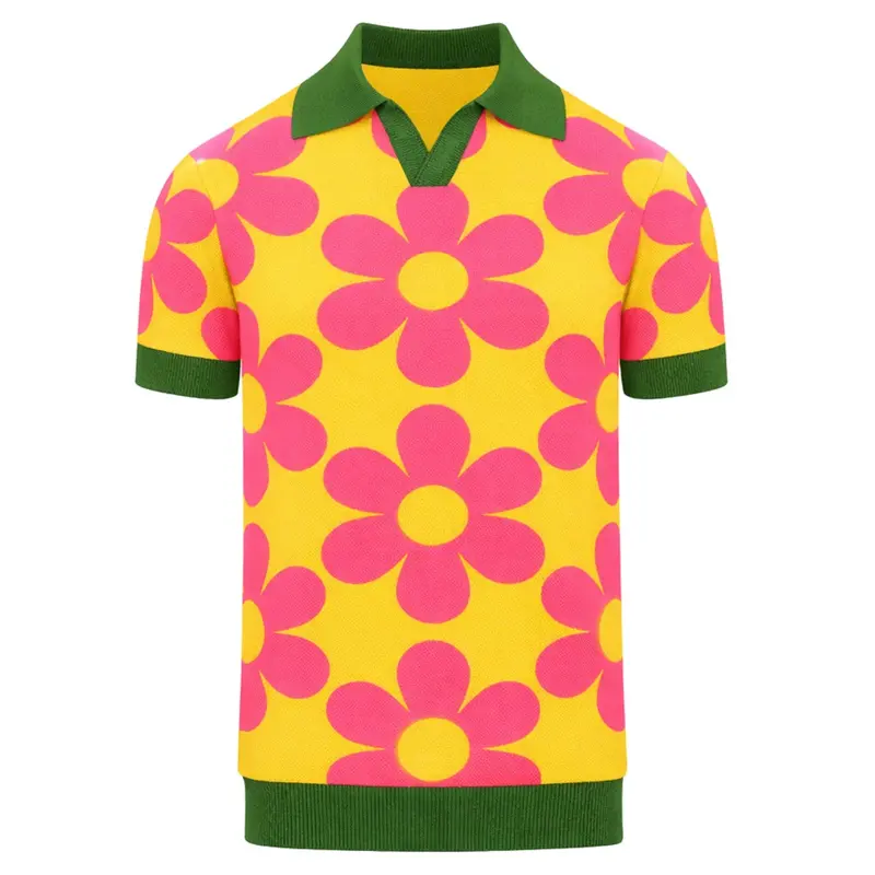 Men's Yellow Vintage Floral Jacquard Polo Knit Shirt 1