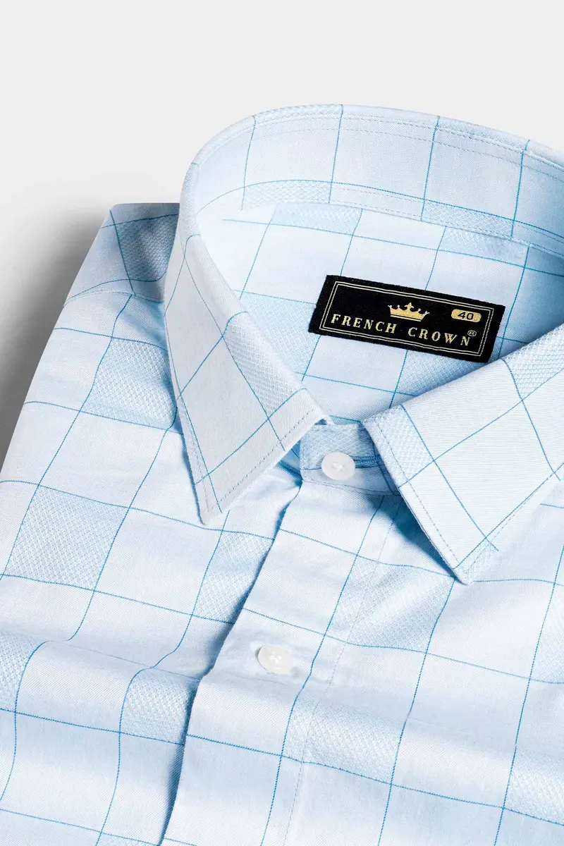 Mercury And Electric Blue Checkered Dobby Textured Premium Giza Cotton Shirt 1