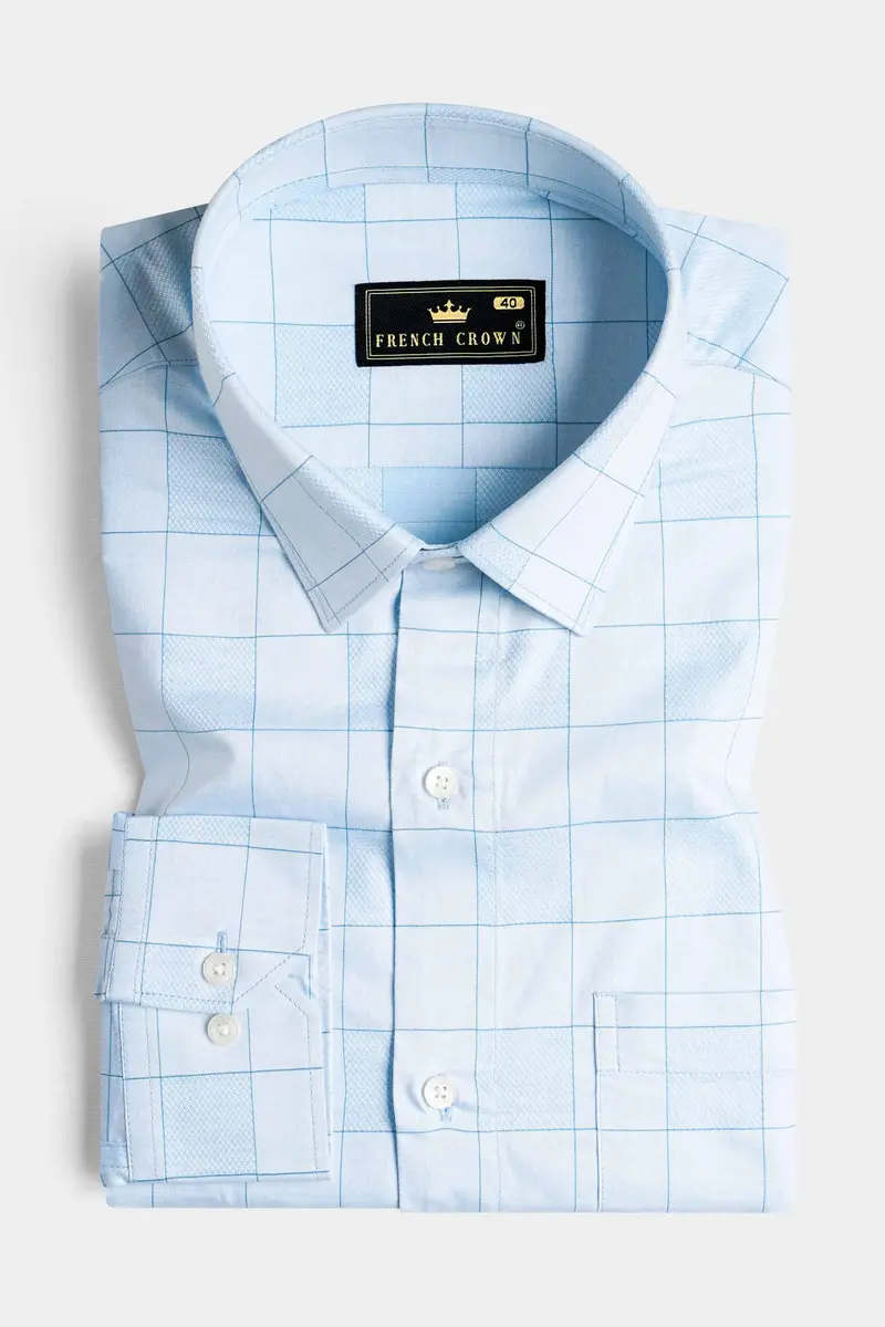 Mercury And Electric Blue Checkered Dobby Textured Premium Giza Cotton Shirt 3