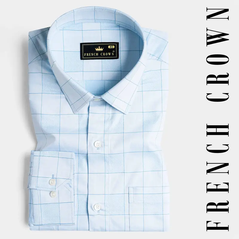 Mercury And Electric Blue Checkered Dobby Textured Premium Giza Cotton Shirt 4