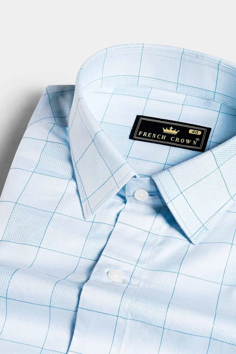 Mercury And Electric Blue Checkered Dobby Textured Premium Giza Cotton Shirt 6