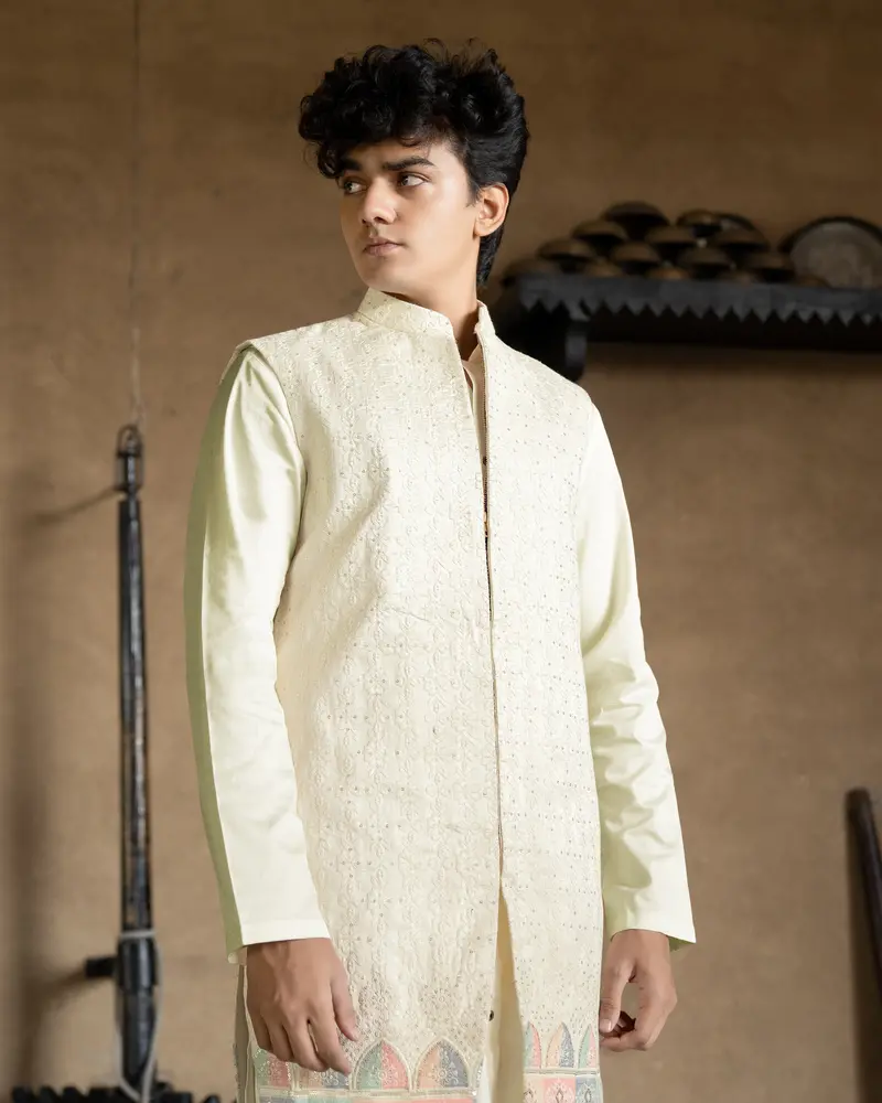 Mercury Beige Bandhgala Sherwani With Kurta, Pyjama And Half-Sleeved Jacket 1