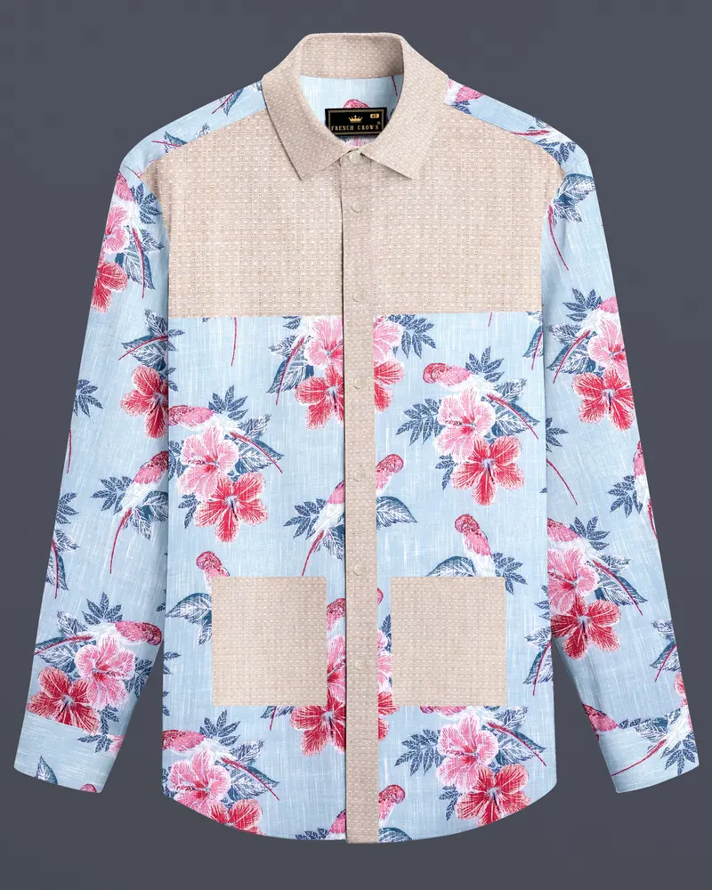 Mercury Blue Floral Printed And Cold Turkey Brown Chambray Premium Cotton Designer Shirt 1