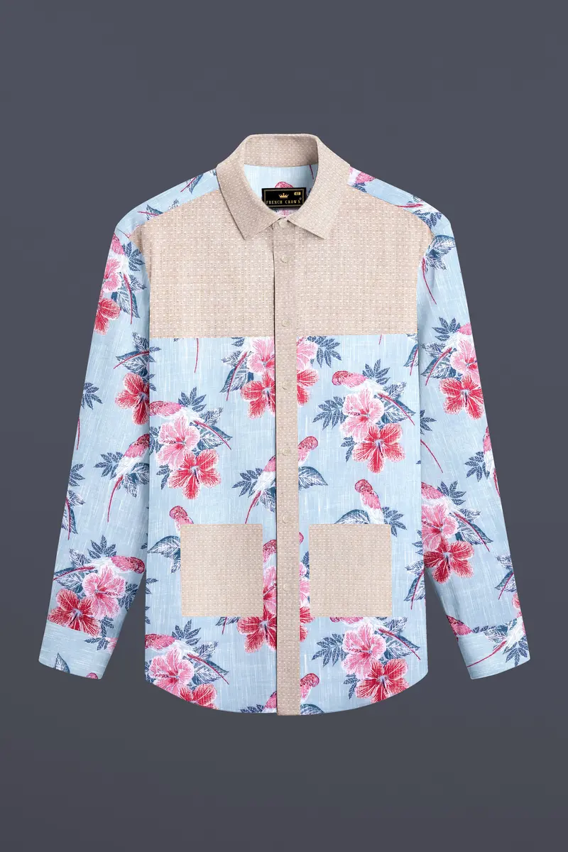 Mercury Blue Floral Printed And Cold Turkey Brown Chambray Premium Cotton Designer Shirt 2