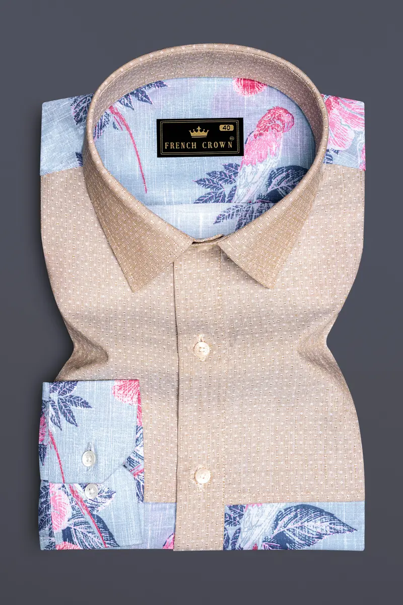 Mercury Blue Floral Printed And Cold Turkey Brown Chambray Premium Cotton Designer Shirt 5