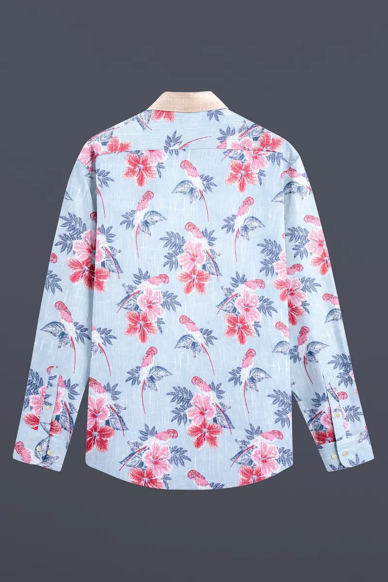 Mercury Blue Floral Printed And Cold Turkey Brown Chambray Premium Cotton Designer Shirt 7