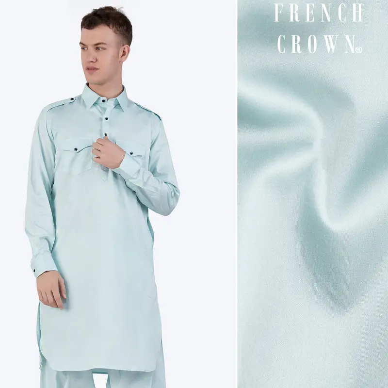 Mercury Blue Subtle Sheen Super Soft Premium Cotton Pathani Kurta 1