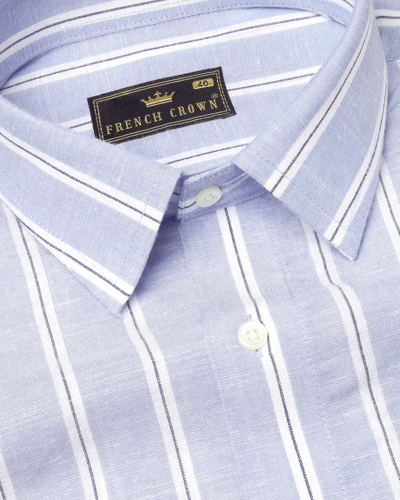Mercury Blue With White Vertical Striped Twill Premium Cotton Shirt 1