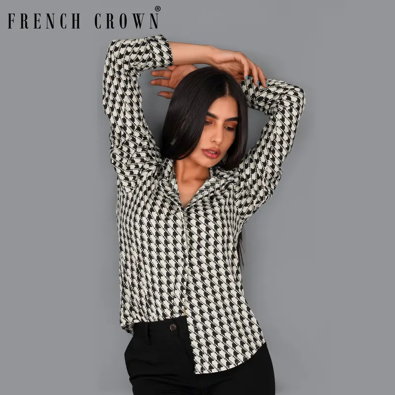 Mercury Cream And Black Houndstooth Premium Tencel Shirt 1