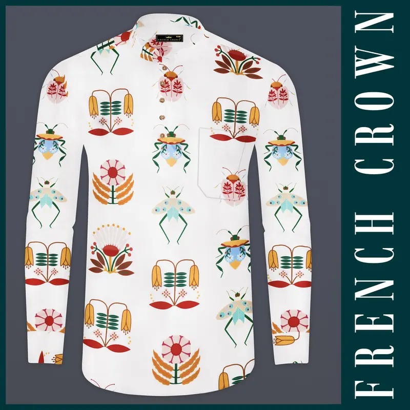 Mercury Cream And Sepia Brown Bugs And Flowers Printed Super Soft Premium Cotton Kurta Shirt 1